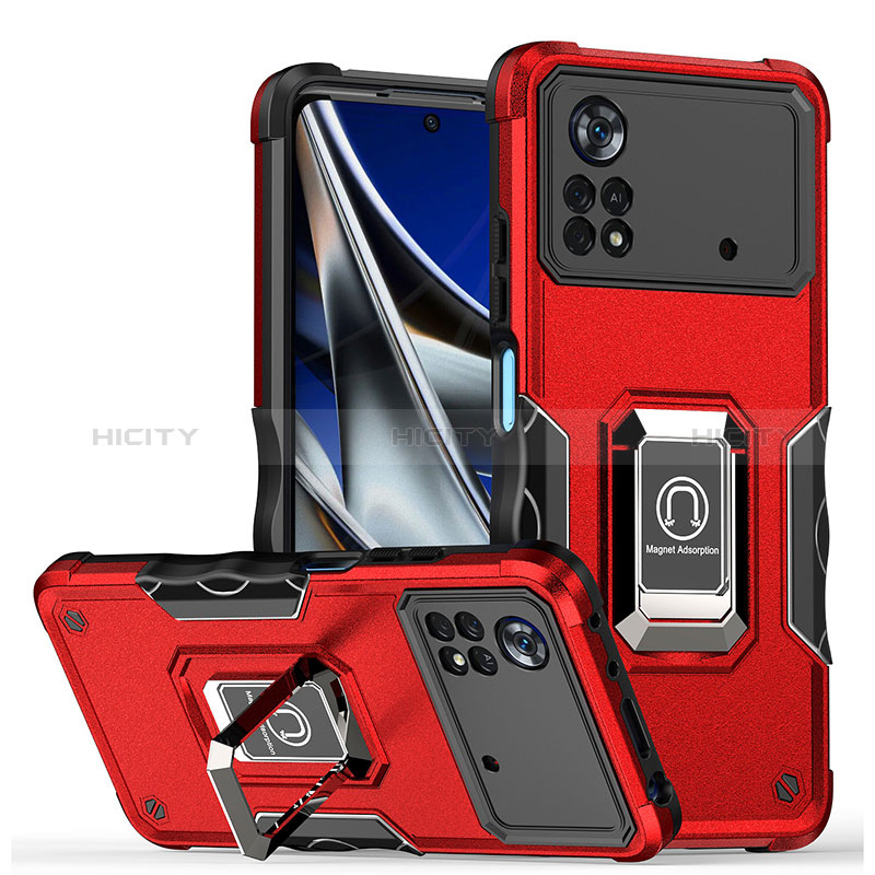 Custodia Silicone e Plastica Opaca Cover con Magnetico Anello Supporto QW1 per Xiaomi Poco X4 Pro 5G Rosso