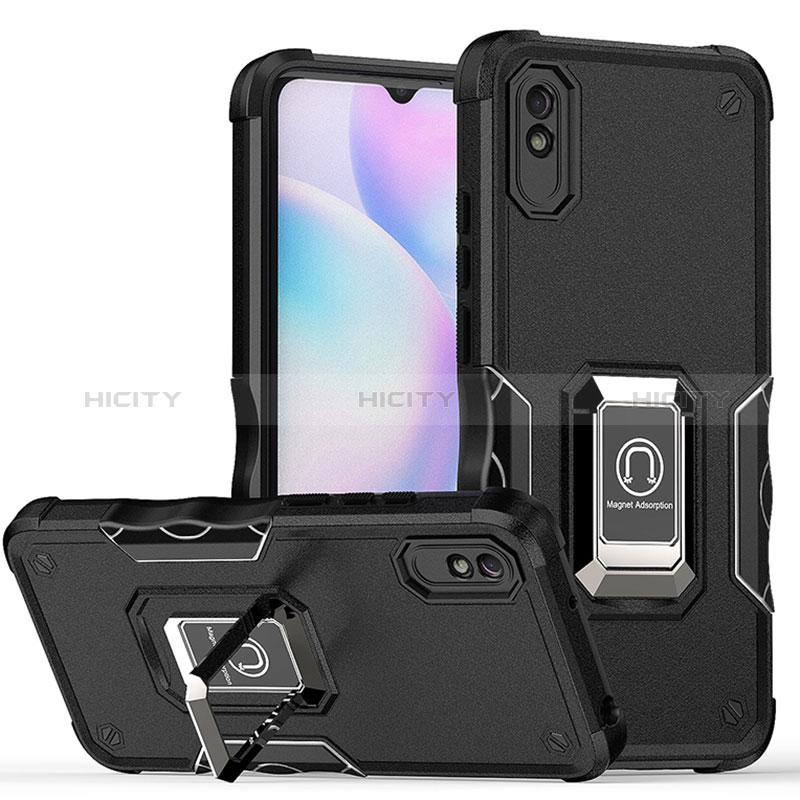 Custodia Silicone e Plastica Opaca Cover con Magnetico Anello Supporto QW1 per Xiaomi Redmi 9i Nero