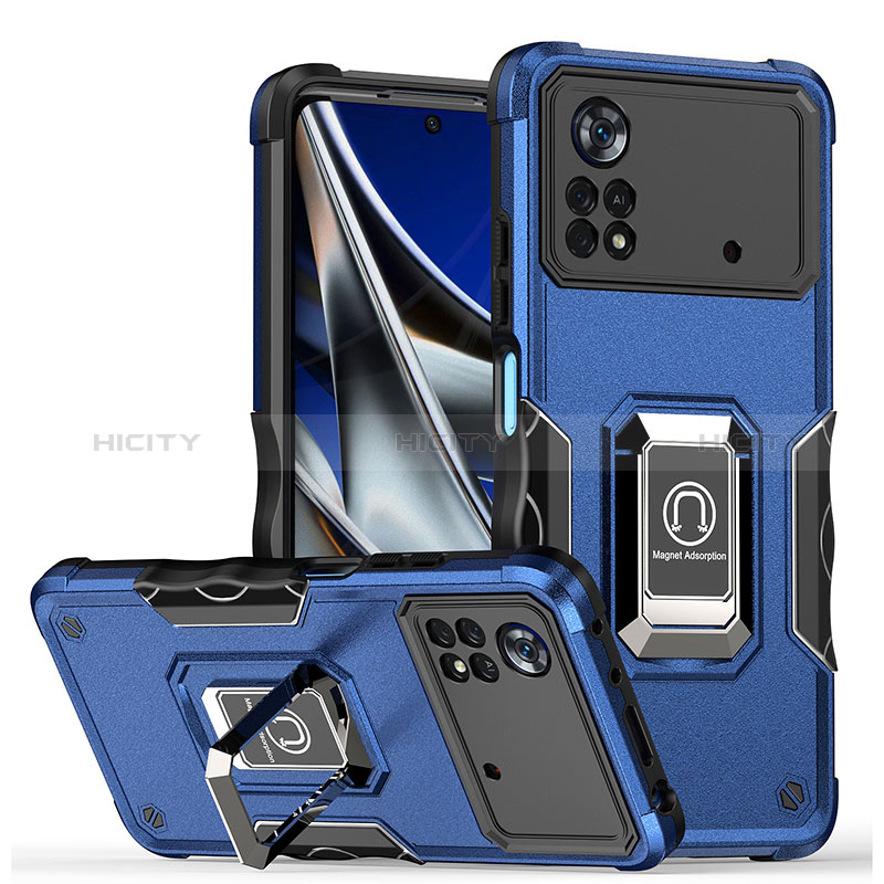 Custodia Silicone e Plastica Opaca Cover con Magnetico Anello Supporto QW1 per Xiaomi Redmi Note 11E Pro 5G Blu