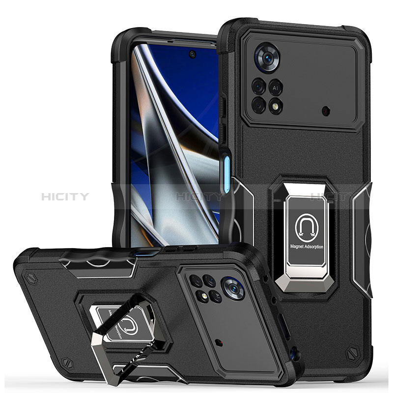 Custodia Silicone e Plastica Opaca Cover con Magnetico Anello Supporto QW1 per Xiaomi Redmi Note 11E Pro 5G Nero