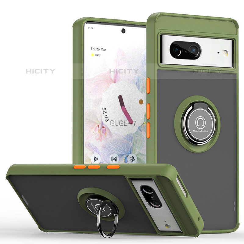 Custodia Silicone e Plastica Opaca Cover con Magnetico Anello Supporto QW2 per Google Pixel 7 5G Verde Militare