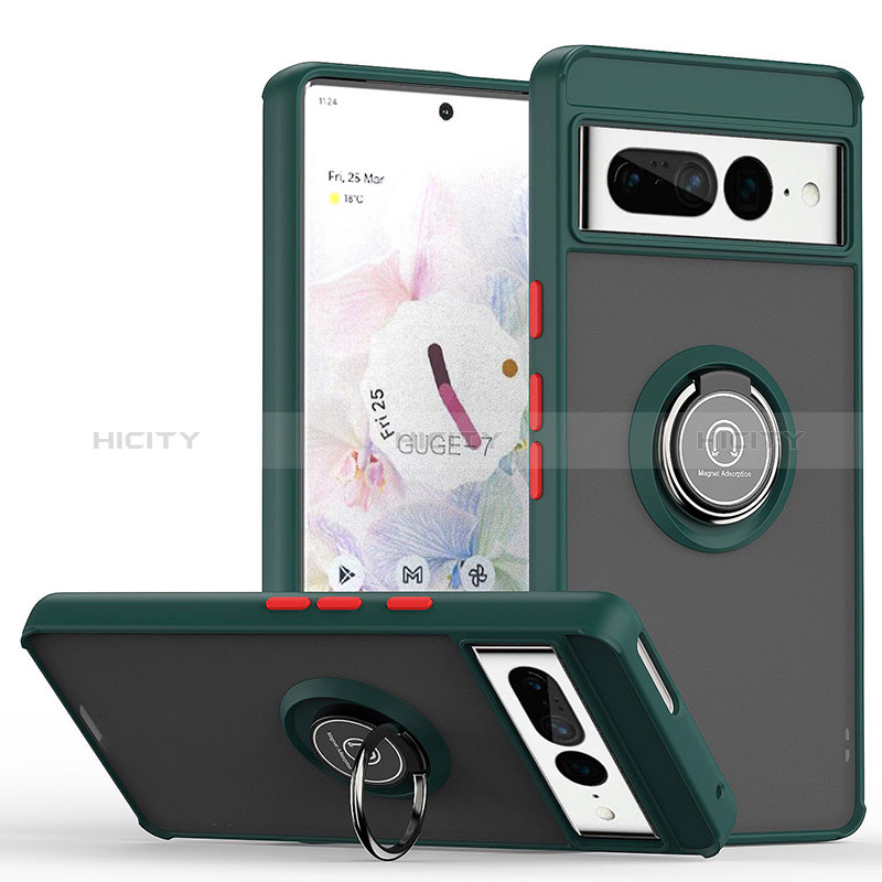 Custodia Silicone e Plastica Opaca Cover con Magnetico Anello Supporto QW2 per Google Pixel 7 Pro 5G Verde Notte