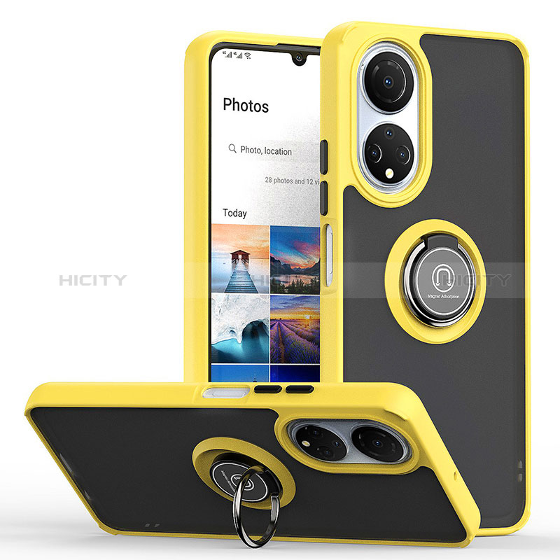 Custodia Silicone e Plastica Opaca Cover con Magnetico Anello Supporto QW2 per Huawei Honor X7 Giallo