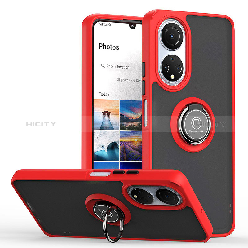 Custodia Silicone e Plastica Opaca Cover con Magnetico Anello Supporto QW2 per Huawei Honor X7 Rosso