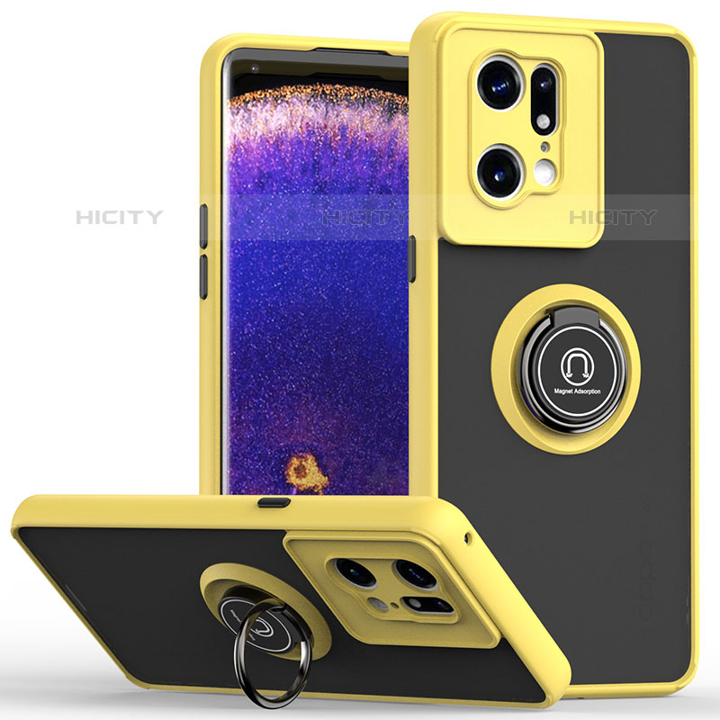 Custodia Silicone e Plastica Opaca Cover con Magnetico Anello Supporto QW2 per Oppo Find X5 Pro 5G Giallo