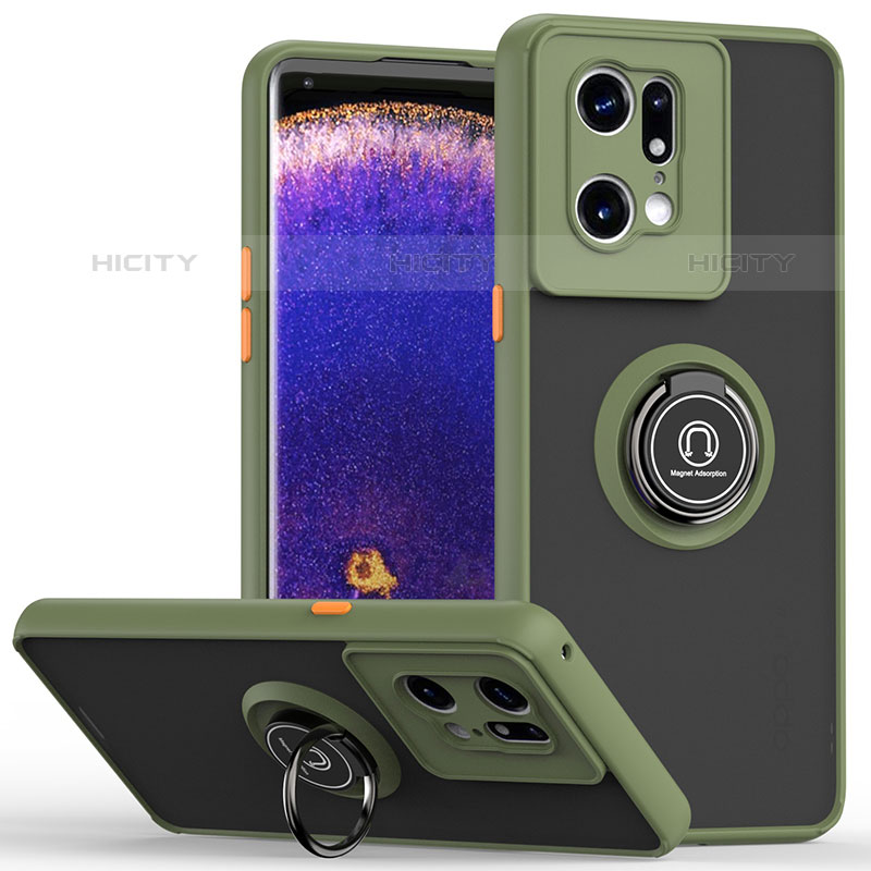 Custodia Silicone e Plastica Opaca Cover con Magnetico Anello Supporto QW2 per Oppo Find X5 Pro 5G Verde Militare