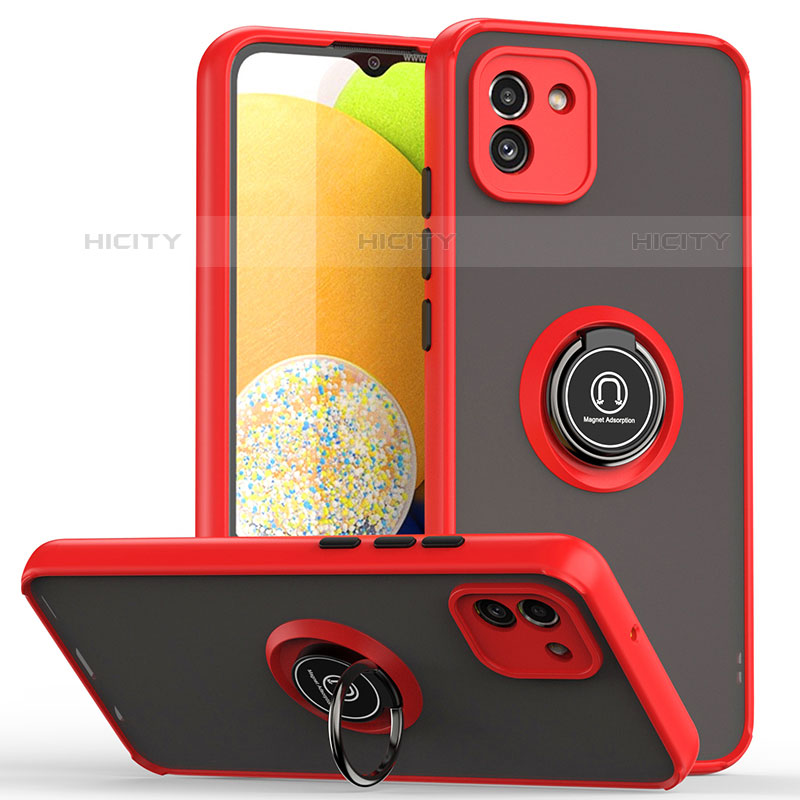 Custodia Silicone e Plastica Opaca Cover con Magnetico Anello Supporto QW2 per Samsung Galaxy A03 Rosso