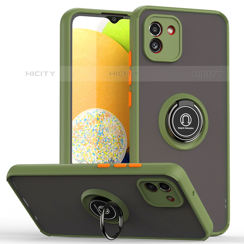 Custodia Silicone e Plastica Opaca Cover con Magnetico Anello Supporto QW2 per Samsung Galaxy A03 Verde Militare