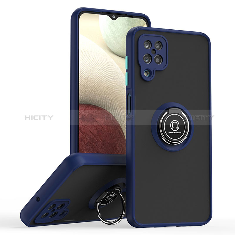 Custodia Silicone e Plastica Opaca Cover con Magnetico Anello Supporto QW2 per Samsung Galaxy A12 5G Blu