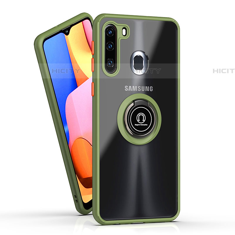 Custodia Silicone e Plastica Opaca Cover con Magnetico Anello Supporto QW2 per Samsung Galaxy A21 European Verde Militare