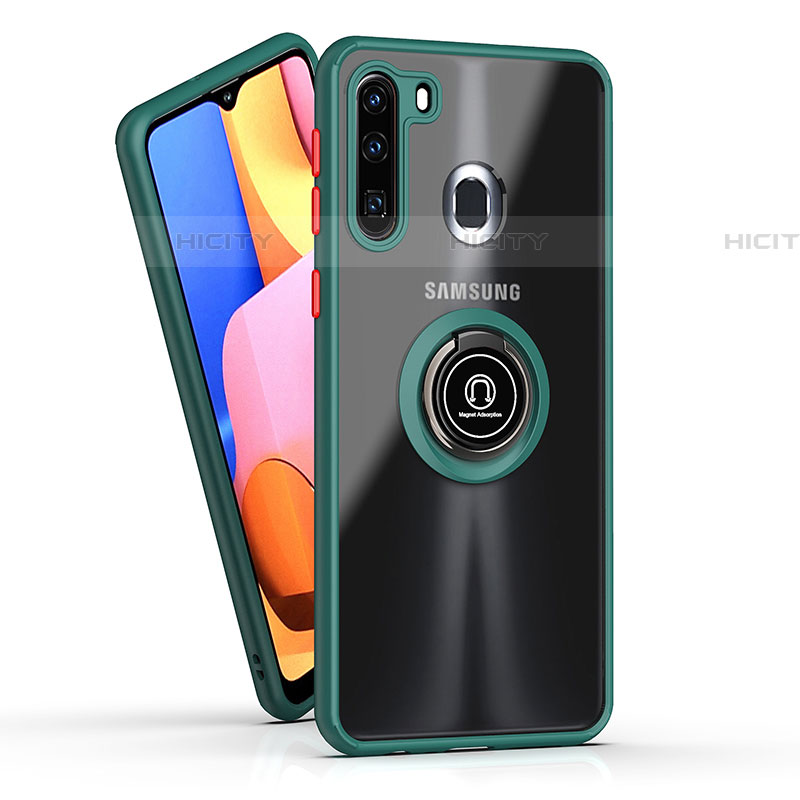 Custodia Silicone e Plastica Opaca Cover con Magnetico Anello Supporto QW2 per Samsung Galaxy A21 European Verde Notte