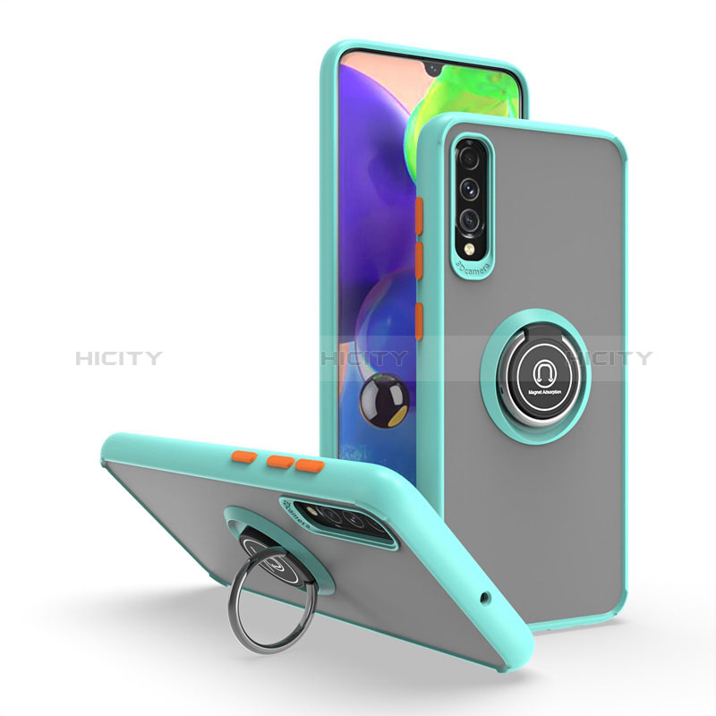 Custodia Silicone e Plastica Opaca Cover con Magnetico Anello Supporto QW2 per Samsung Galaxy A70 Ciano