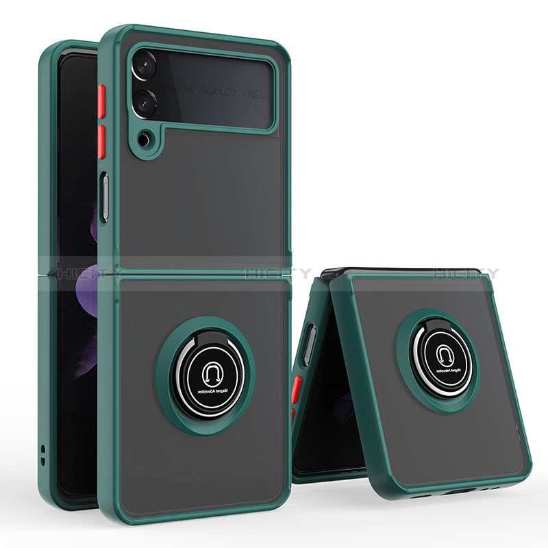 Custodia Silicone e Plastica Opaca Cover con Magnetico Anello Supporto QW2 per Samsung Galaxy Z Flip3 5G Verde Notte