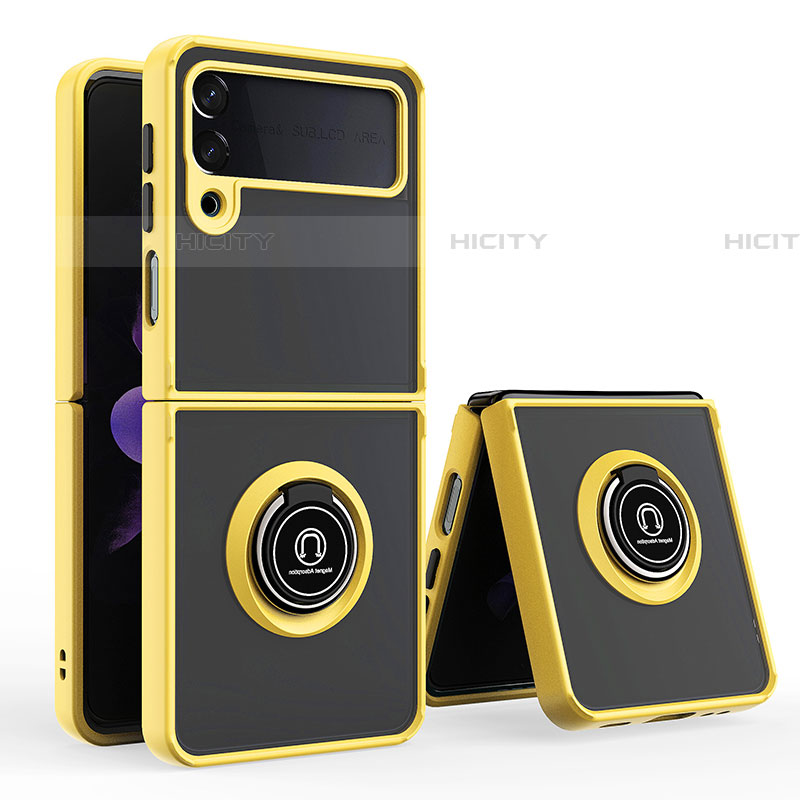 Custodia Silicone e Plastica Opaca Cover con Magnetico Anello Supporto QW2 per Samsung Galaxy Z Flip4 5G Giallo