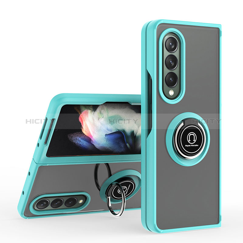 Custodia Silicone e Plastica Opaca Cover con Magnetico Anello Supporto QW2 per Samsung Galaxy Z Fold3 5G Ciano