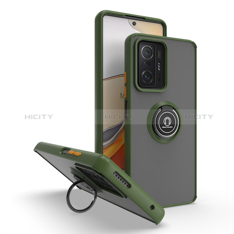 Custodia Silicone e Plastica Opaca Cover con Magnetico Anello Supporto QW2 per Xiaomi Mi 11T Pro 5G Verde Militare