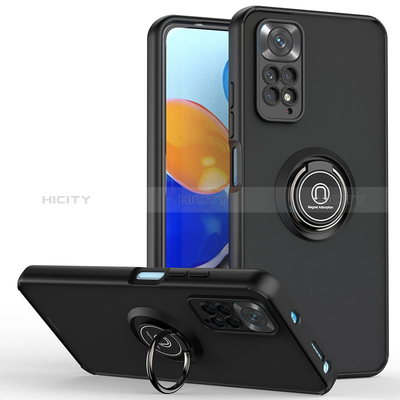 Custodia Silicone e Plastica Opaca Cover con Magnetico Anello Supporto QW2 per Xiaomi Redmi Note 11 4G (2022) Nero