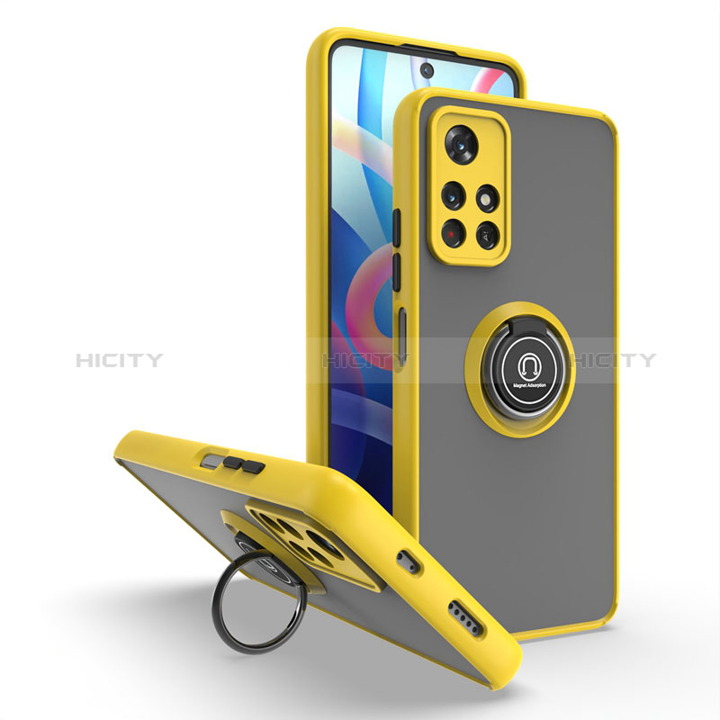 Custodia Silicone e Plastica Opaca Cover con Magnetico Anello Supporto QW2 per Xiaomi Redmi Note 11T 5G Giallo