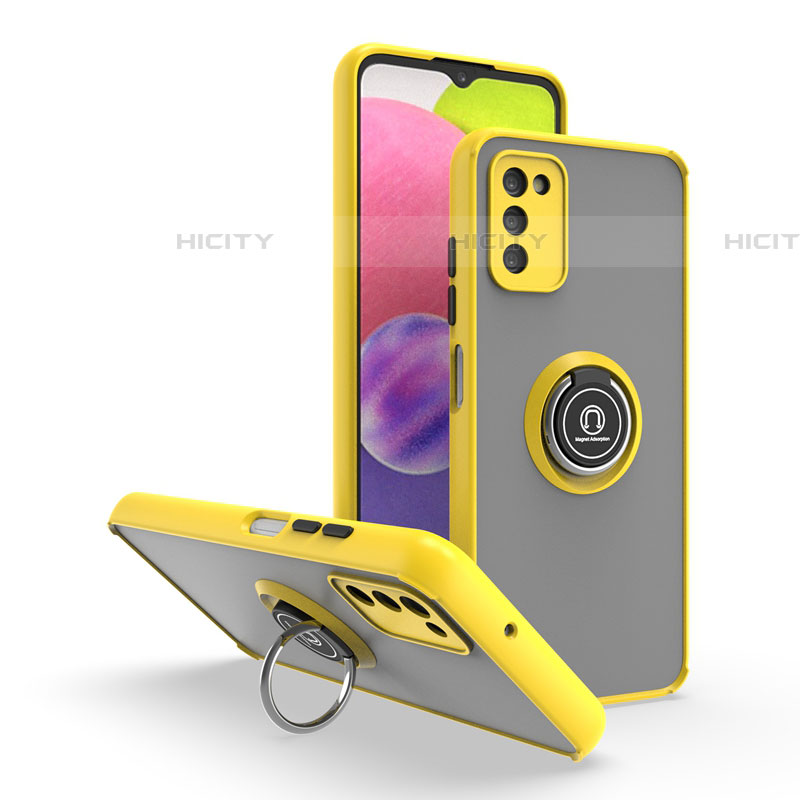 Custodia Silicone e Plastica Opaca Cover con Magnetico Anello Supporto QW3 per Samsung Galaxy A03s Giallo