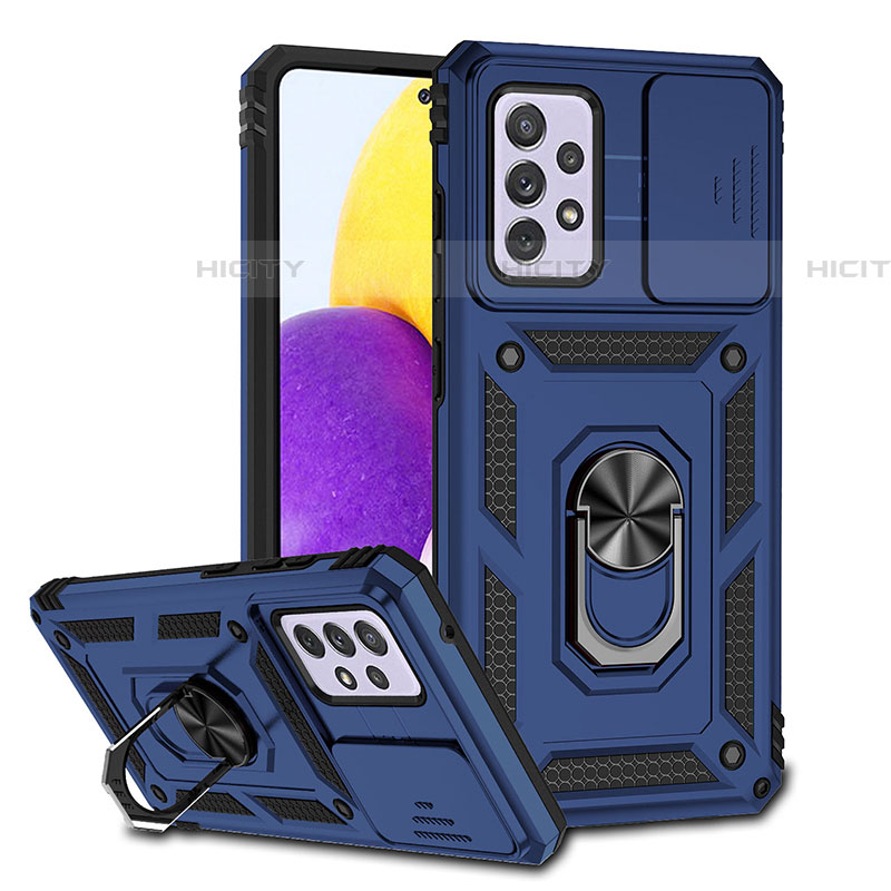 Custodia Silicone e Plastica Opaca Cover con Magnetico Anello Supporto QW3 per Samsung Galaxy A72 4G Blu