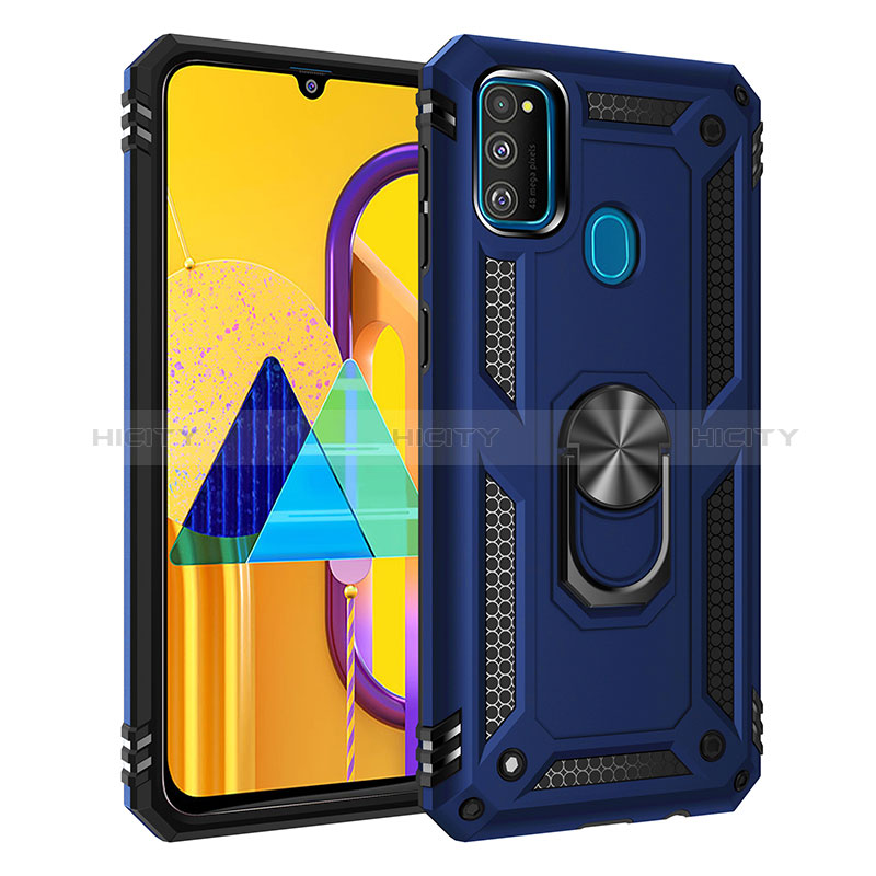 Custodia Silicone e Plastica Opaca Cover con Magnetico Anello Supporto QW3 per Samsung Galaxy M21 Blu