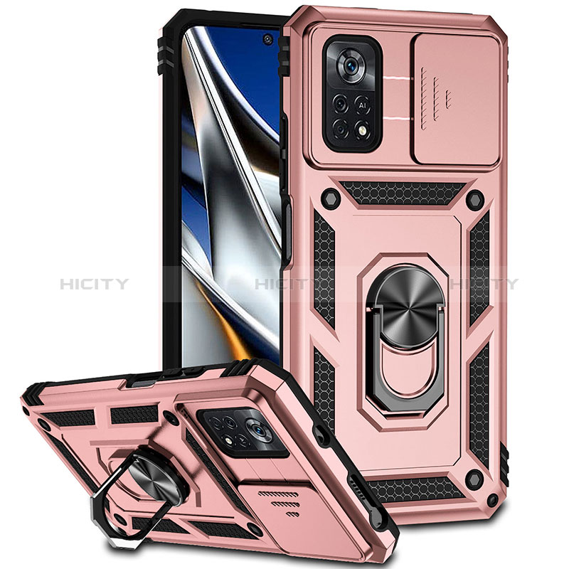 Custodia Silicone e Plastica Opaca Cover con Magnetico Anello Supporto QW3 per Xiaomi Poco X4 Pro 5G Oro Rosa