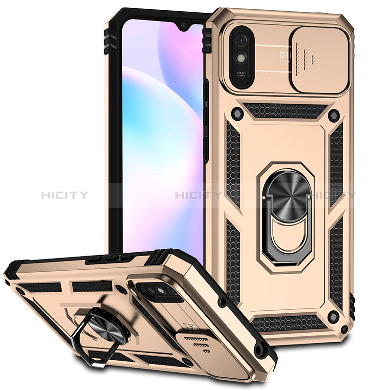 Custodia Silicone e Plastica Opaca Cover con Magnetico Anello Supporto QW3 per Xiaomi Redmi 9A Oro