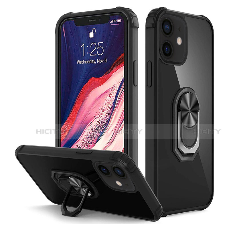 Custodia Silicone e Plastica Opaca Cover con Magnetico Anello Supporto R01 per Apple iPhone 12 Mini Nero