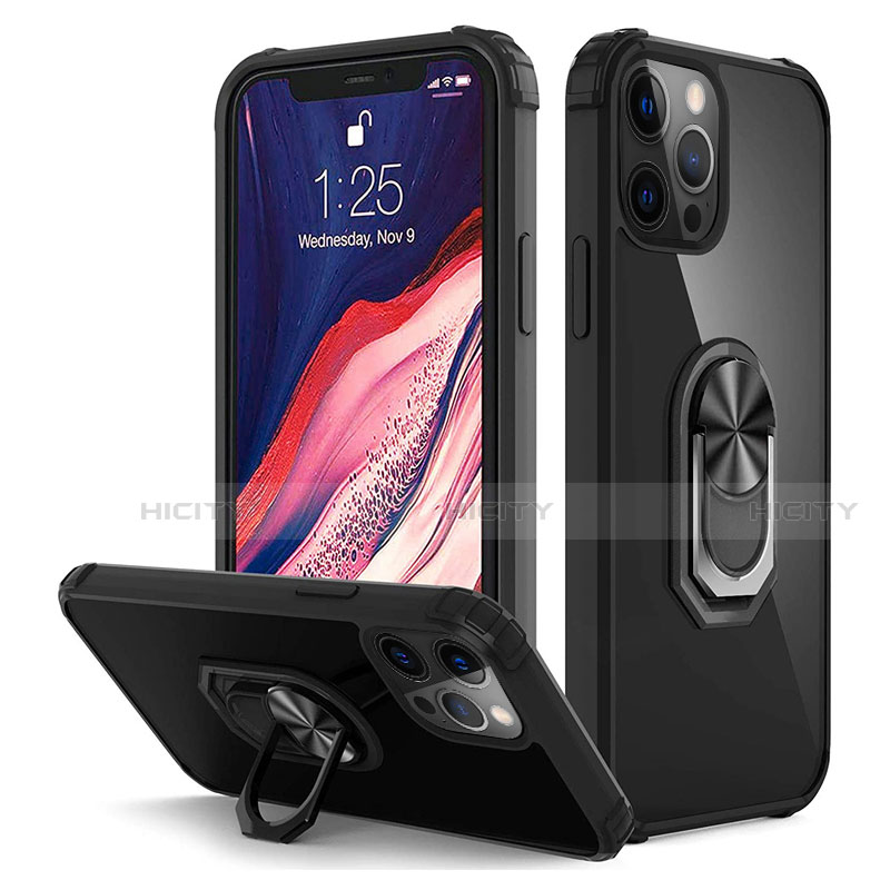 Custodia Silicone e Plastica Opaca Cover con Magnetico Anello Supporto R01 per Apple iPhone 12 Pro Max Nero