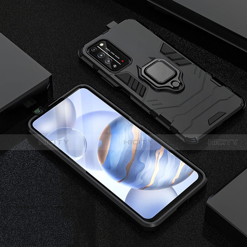 Custodia Silicone e Plastica Opaca Cover con Magnetico Anello Supporto R01 per Huawei Honor X10 5G Nero