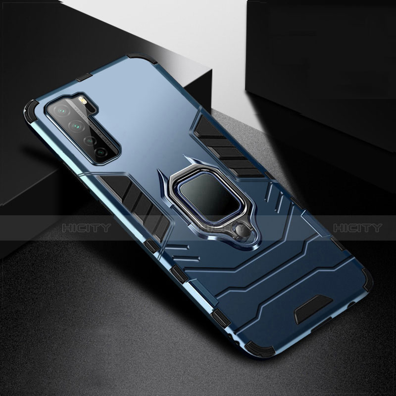 Custodia Silicone e Plastica Opaca Cover con Magnetico Anello Supporto R01 per Huawei Nova 7 SE 5G Blu