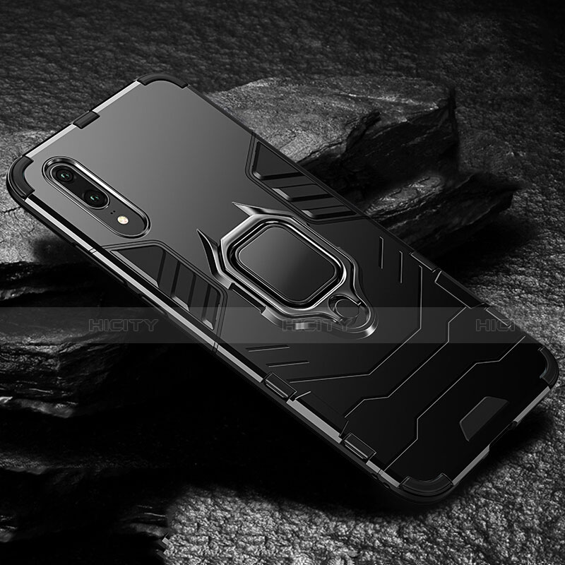 Custodia Silicone e Plastica Opaca Cover con Magnetico Anello Supporto R01 per Huawei P20 Nero