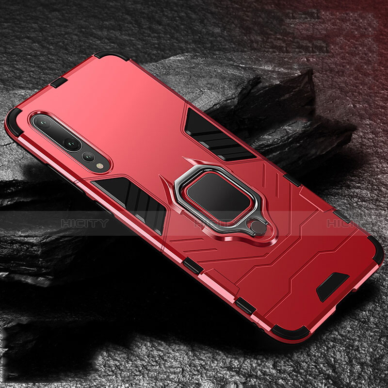 Custodia Silicone e Plastica Opaca Cover con Magnetico Anello Supporto R01 per Huawei P20 Pro Rosso