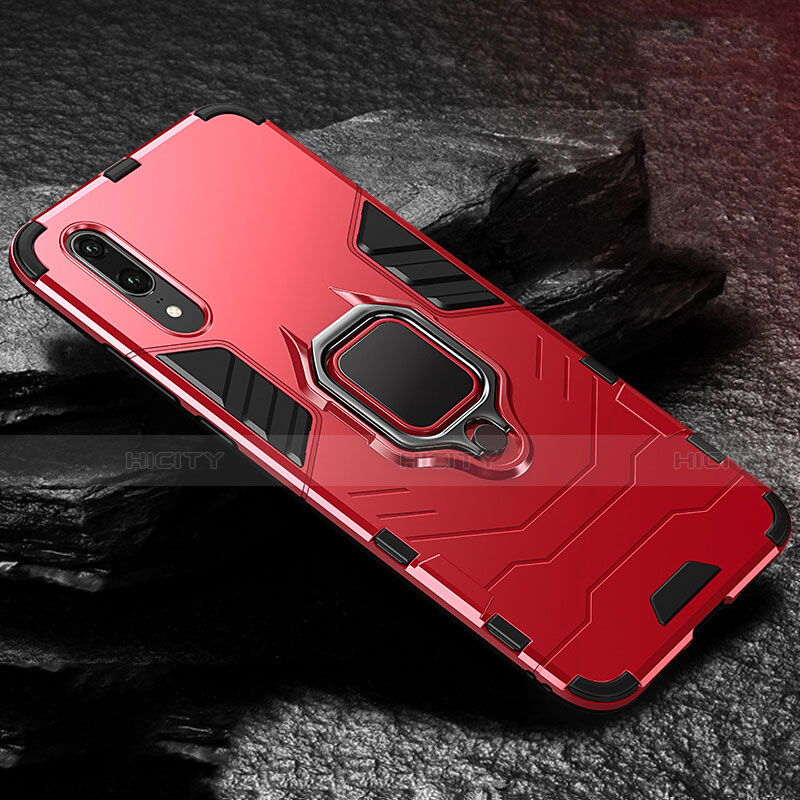 Custodia Silicone e Plastica Opaca Cover con Magnetico Anello Supporto R01 per Huawei P20 Rosso