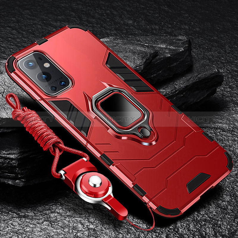 Custodia Silicone e Plastica Opaca Cover con Magnetico Anello Supporto R01 per OnePlus 9 Pro 5G Rosso