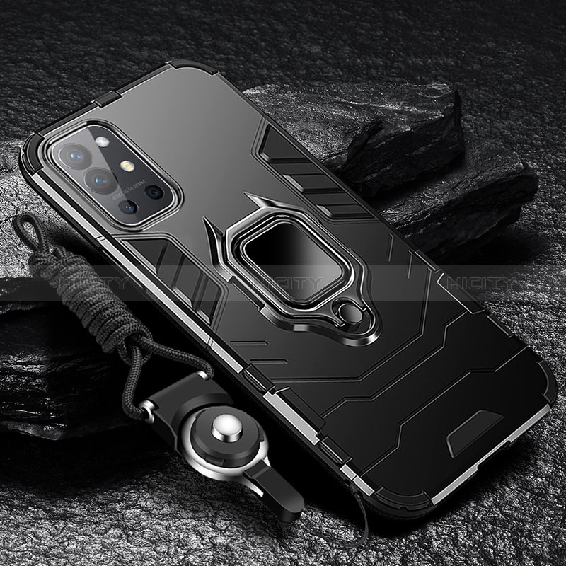 Custodia Silicone e Plastica Opaca Cover con Magnetico Anello Supporto R01 per OnePlus 9R 5G Nero