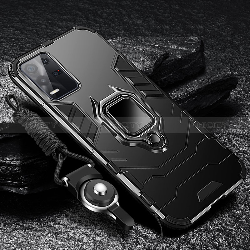 Custodia Silicone e Plastica Opaca Cover con Magnetico Anello Supporto R01 per Oppo K9X 5G Nero