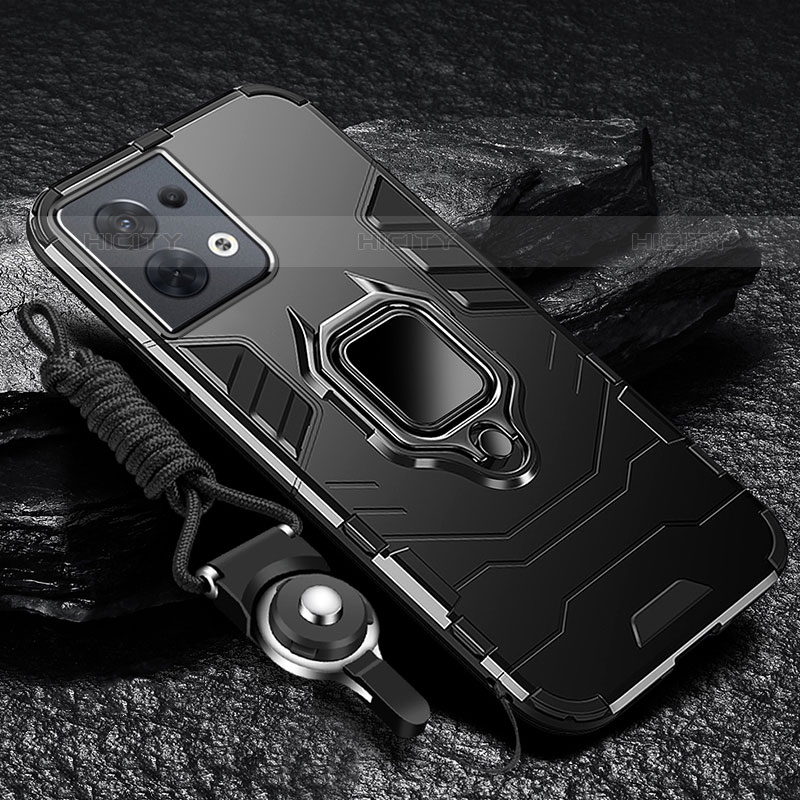 Custodia Silicone e Plastica Opaca Cover con Magnetico Anello Supporto R01 per Oppo Reno8 Pro+ Plus 5G Nero