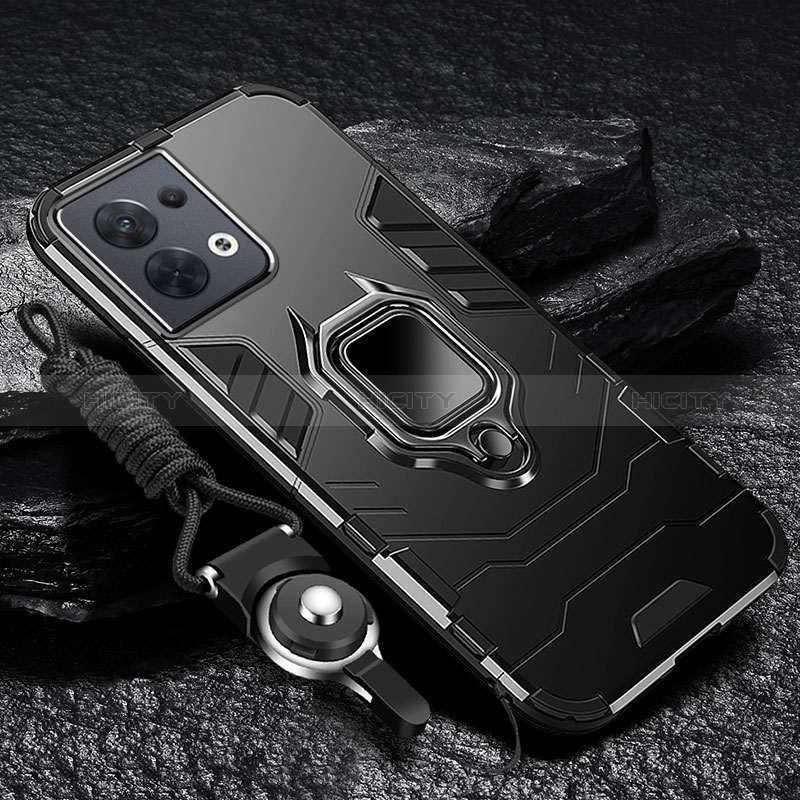 Custodia Silicone e Plastica Opaca Cover con Magnetico Anello Supporto R01 per Oppo Reno9 Pro+ Plus 5G Nero