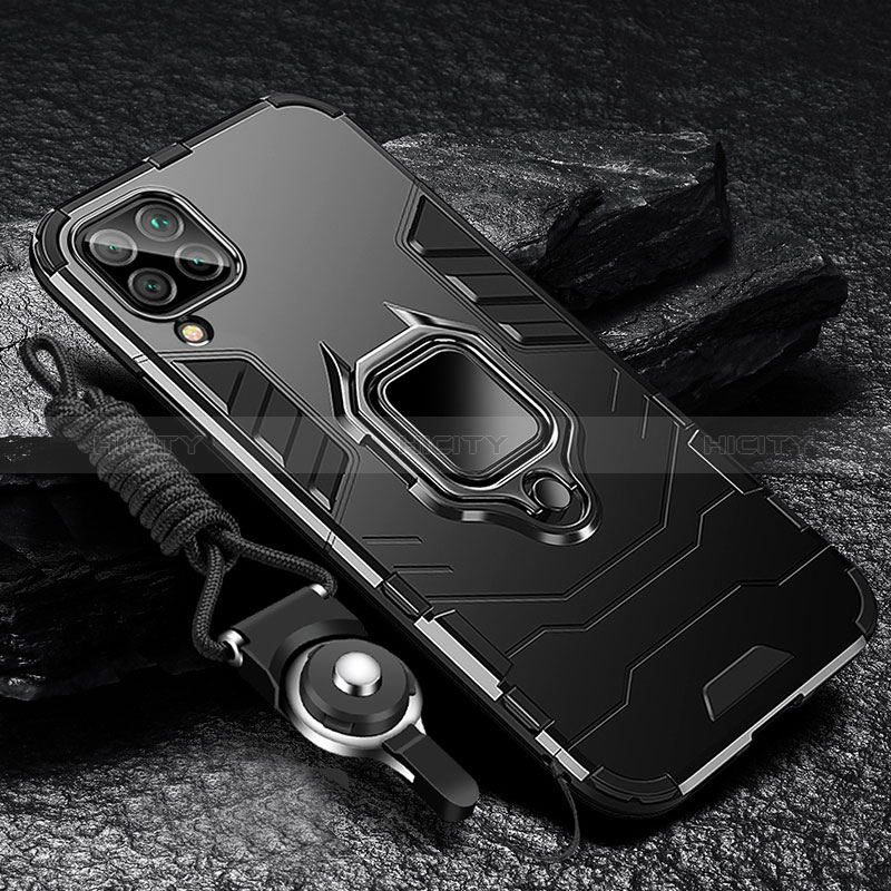 Custodia Silicone e Plastica Opaca Cover con Magnetico Anello Supporto R01 per Samsung Galaxy F12 Nero