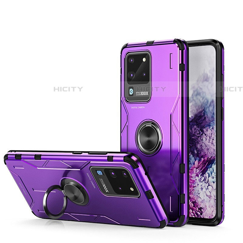 Custodia Silicone e Plastica Opaca Cover con Magnetico Anello Supporto R01 per Samsung Galaxy S20 Ultra 5G Viola