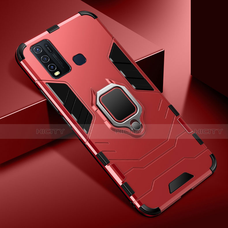 Custodia Silicone e Plastica Opaca Cover con Magnetico Anello Supporto R01 per Vivo Y50 Rosso