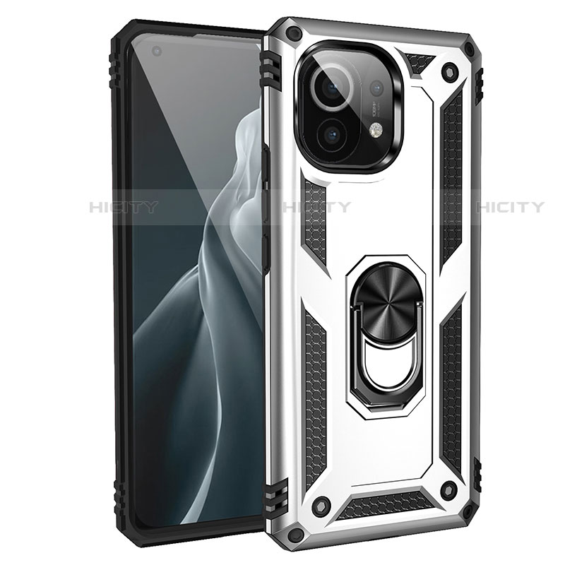 Custodia Silicone e Plastica Opaca Cover con Magnetico Anello Supporto R01 per Xiaomi Mi 11 Lite 5G NE Argento