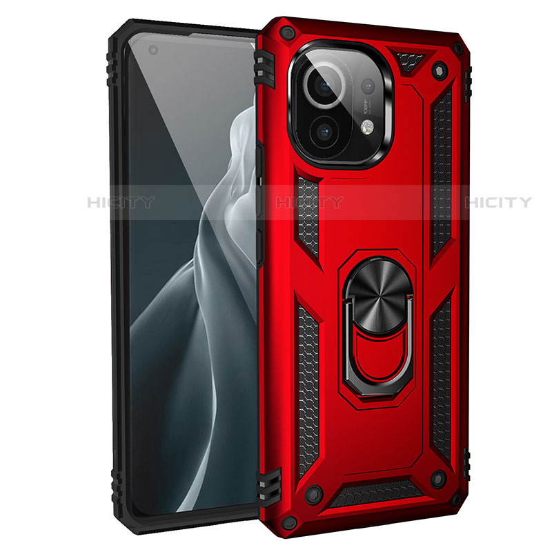 Custodia Silicone e Plastica Opaca Cover con Magnetico Anello Supporto R01 per Xiaomi Mi 11 Lite 5G Rosso