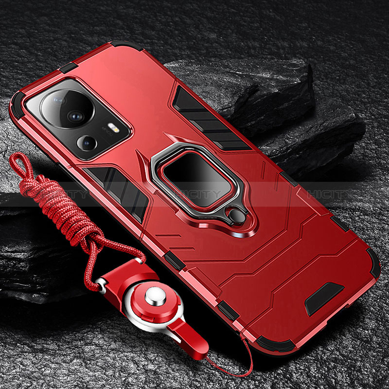 Custodia Silicone e Plastica Opaca Cover con Magnetico Anello Supporto R01 per Xiaomi Mi 13 Lite 5G Rosso