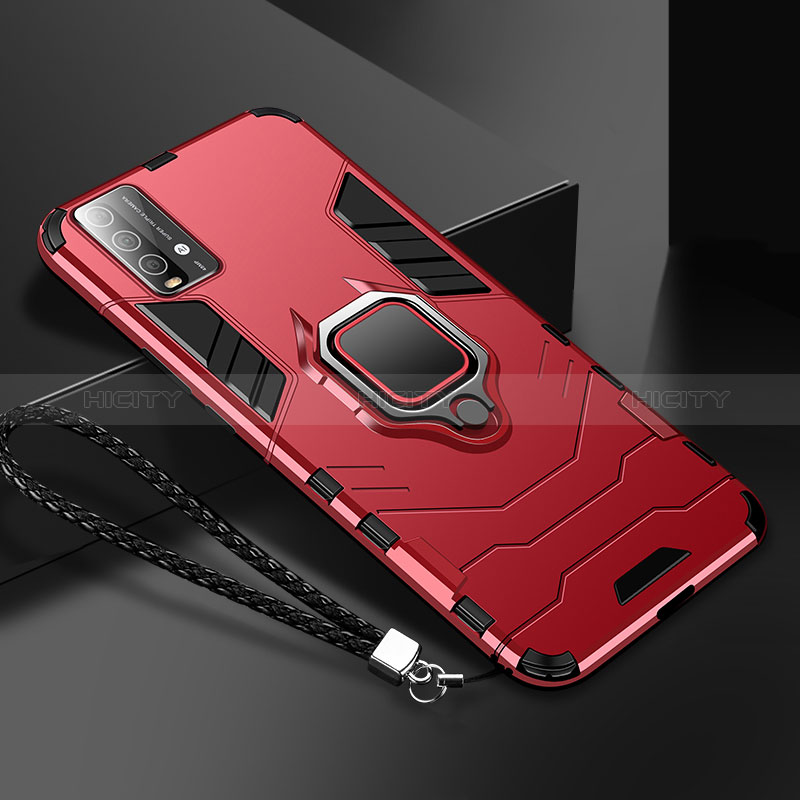 Custodia Silicone e Plastica Opaca Cover con Magnetico Anello Supporto R01 per Xiaomi Redmi 9 Power Rosso