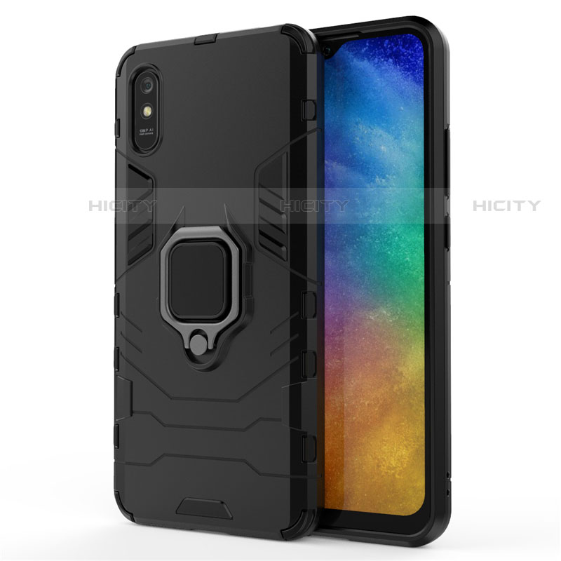 Custodia Silicone e Plastica Opaca Cover con Magnetico Anello Supporto R01 per Xiaomi Redmi 9A Nero