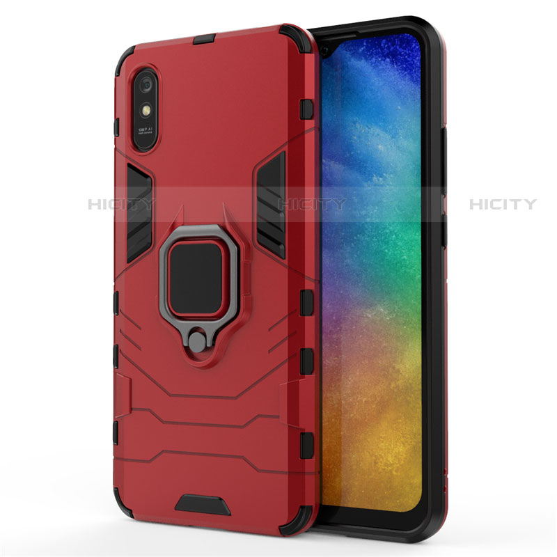 Custodia Silicone e Plastica Opaca Cover con Magnetico Anello Supporto R01 per Xiaomi Redmi 9A Rosso