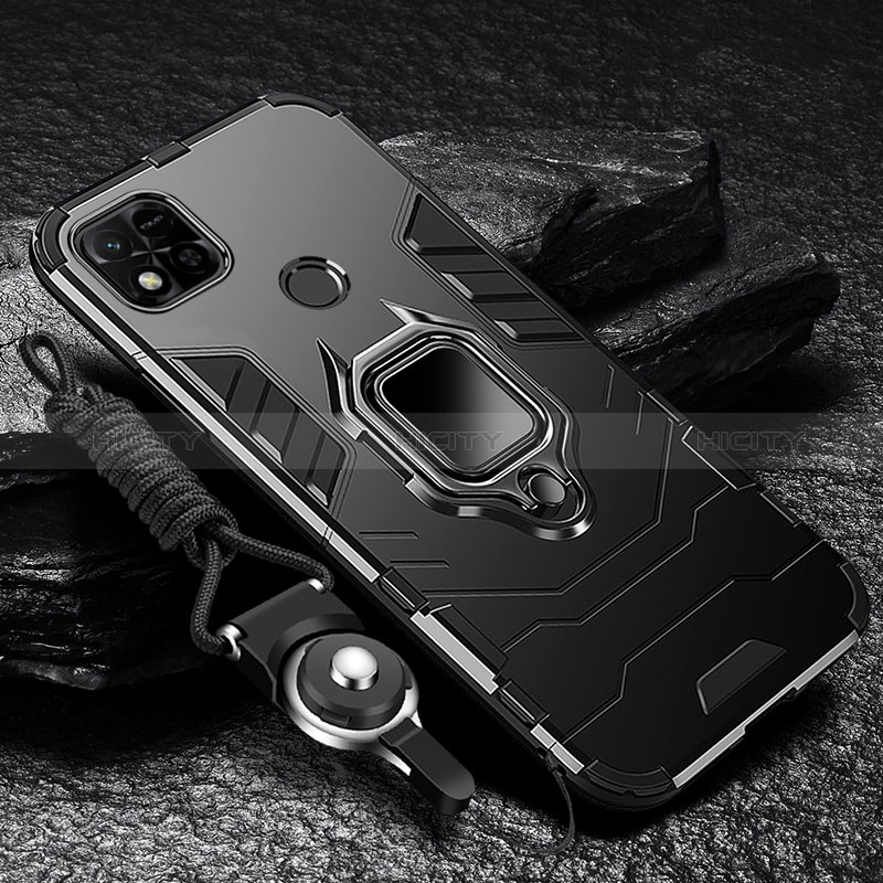 Custodia Silicone e Plastica Opaca Cover con Magnetico Anello Supporto R01 per Xiaomi Redmi 9C Nero