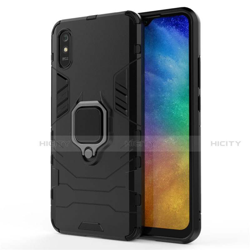 Custodia Silicone e Plastica Opaca Cover con Magnetico Anello Supporto R01 per Xiaomi Redmi 9i Nero